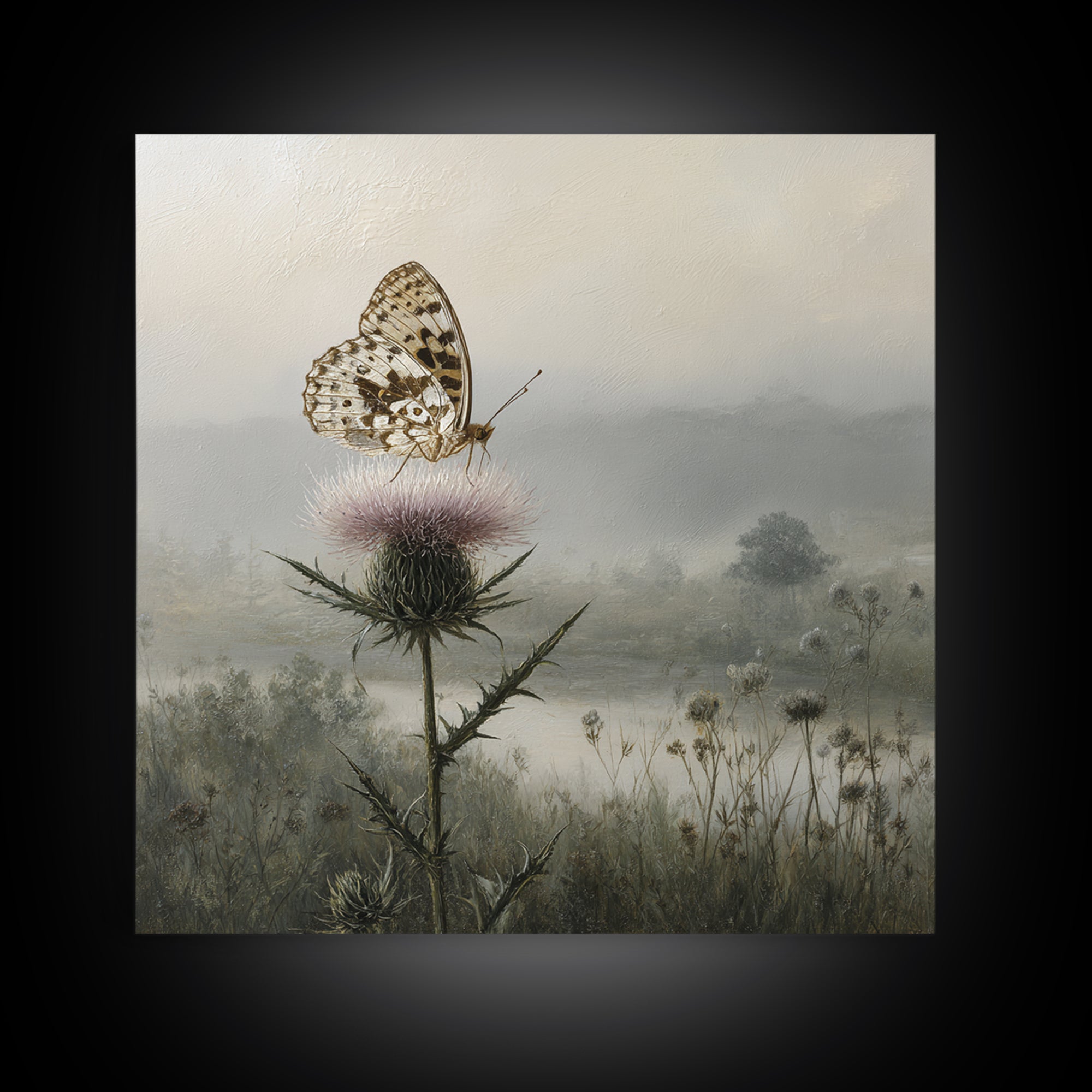 Butterfly Resting on a Blooming Thistle Framed Canvas Print, Nature Art, Living Room Decor, Oil Painting, Nature, NAT-1x1-28