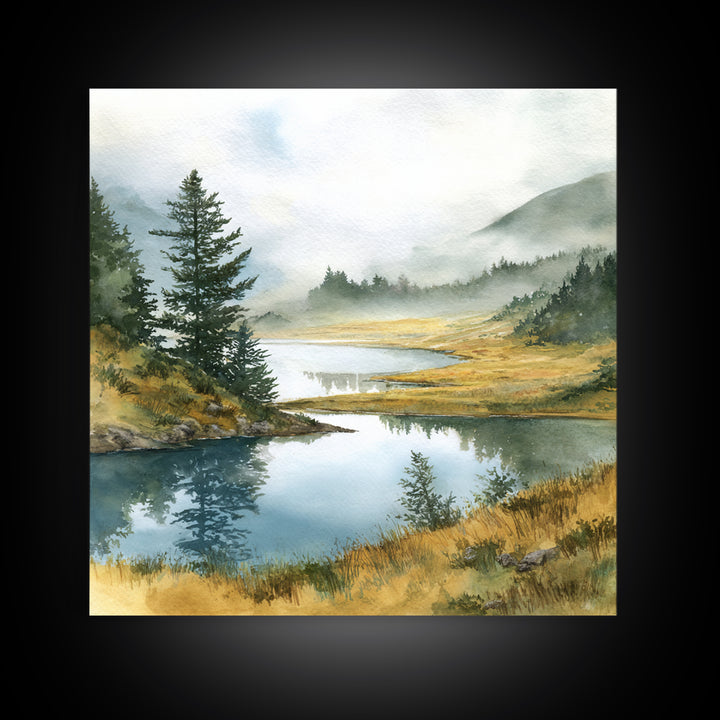 Misty Mountain Lake Framed Canvas Print, Nature Art, Fine Art Print, Living Room Decor, Watercolor Art, Nature, Poster, NAT-1x1-29