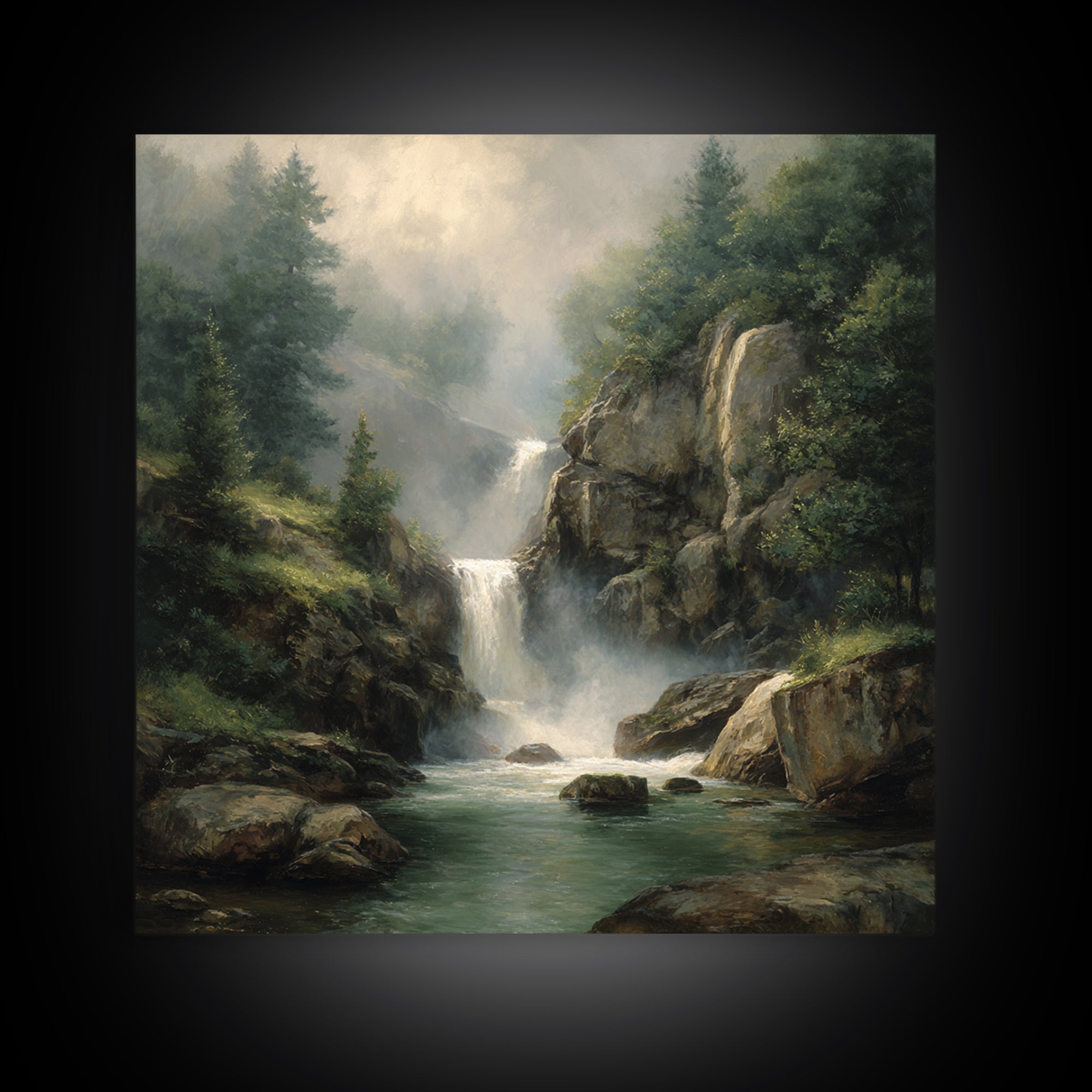 Waterfall Hidden Among Dark Green Rocks Canvas Print, Nature Art, Floral, Living Room Decor, Abstract Art, Nature, Moss Art, NAT-1x1-3