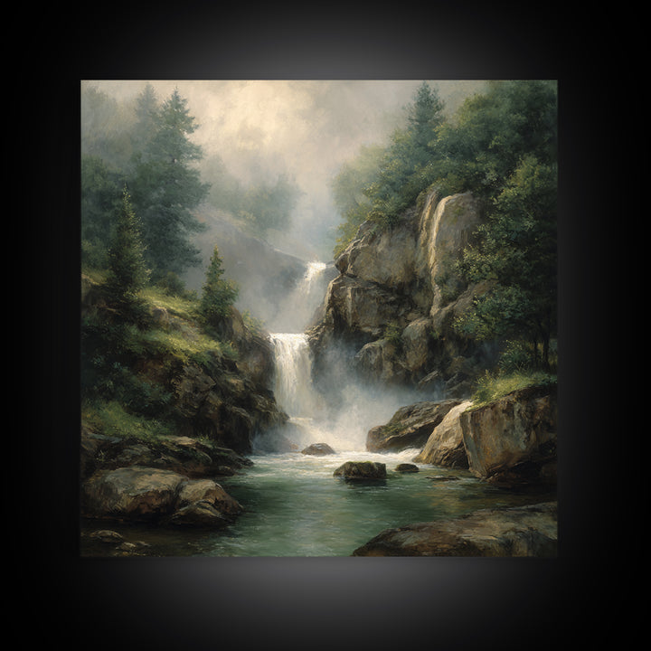 Waterfall Hidden Among Dark Green Rocks Canvas Print, Nature Art, Floral, Living Room Decor, Abstract Art, Nature, Moss Art, NAT-1x1-3