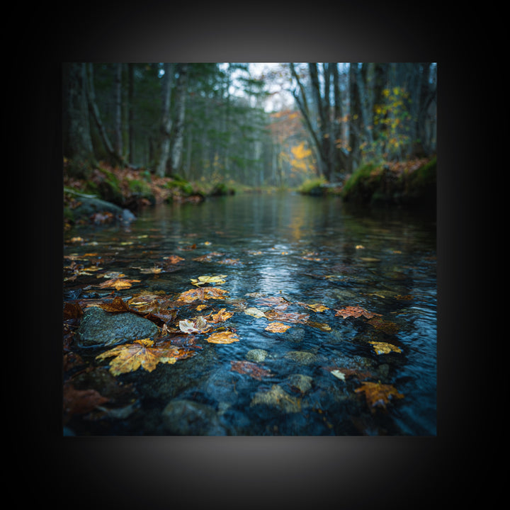 Autumn Leaves Floating on Quiet Stream Canvas Print, Nature Art, Digital Download Art, Living Room Decor, Oil Painting, Nature, NAT-1x1-30