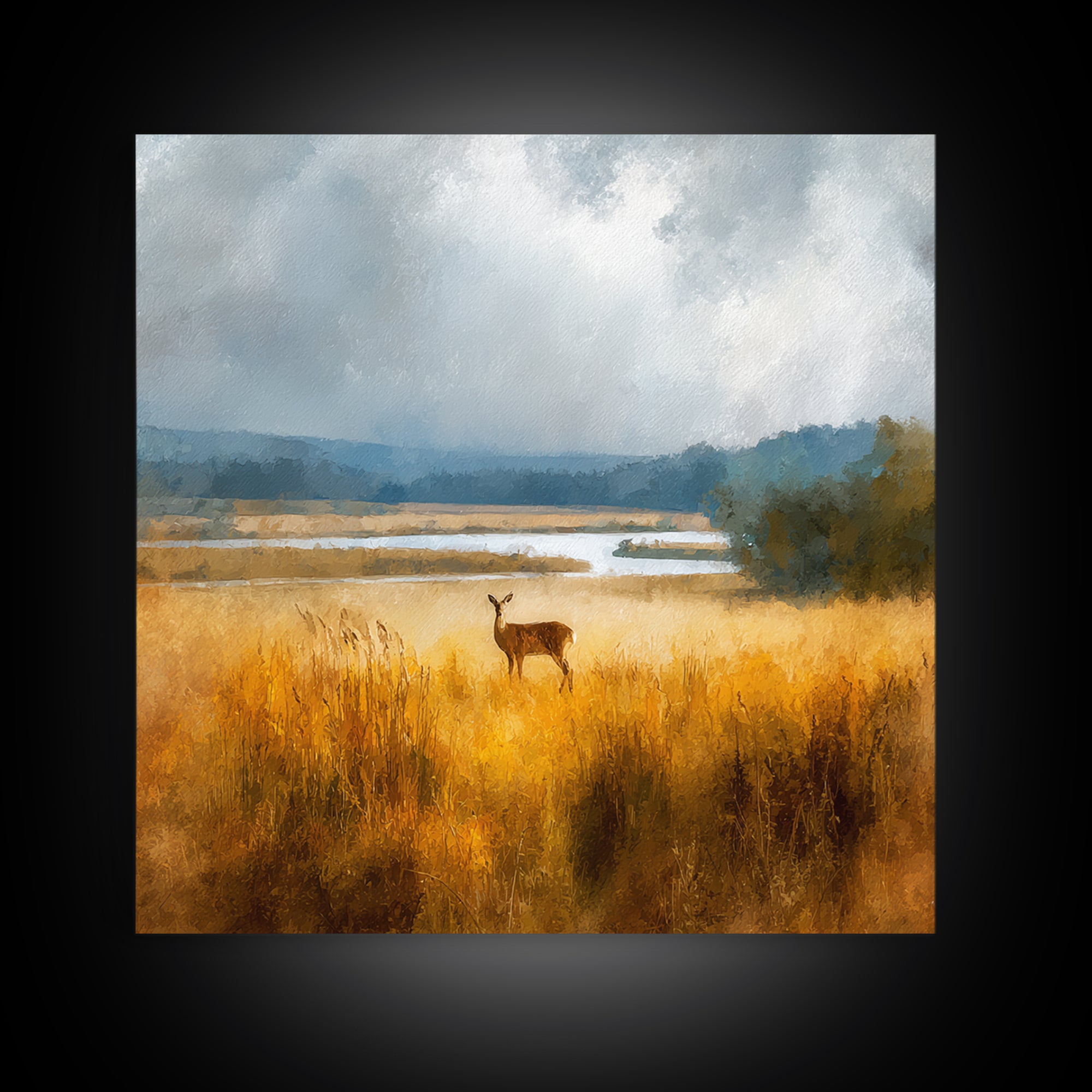 Deer Standing in a Golden Field Framed Canvas Print, Nature Art, Gallery Decor, Living Room Decor, Fine Art, Nature, NAT-1x1-32