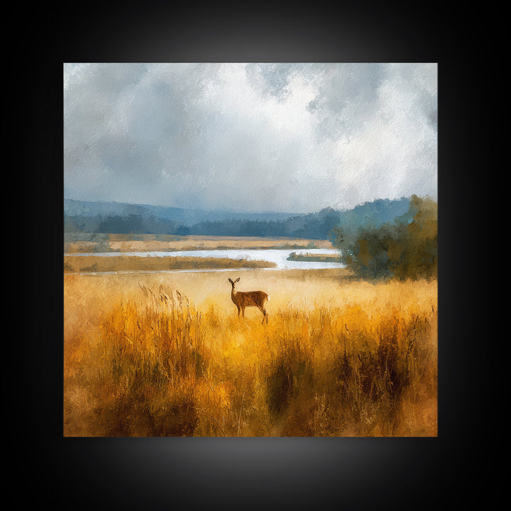 Deer Standing in a Golden Field Framed Canvas Print, Nature Art, Gallery Decor, Living Room Decor, Fine Art, Nature, NAT-1x1-32