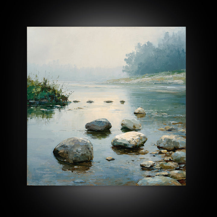 River Stones under Clear Shallow Water Framed Canvas Print, Nature Art, Mountain Art, Living Room Decor, Oil Painting, Nature, NAT-1x1-37