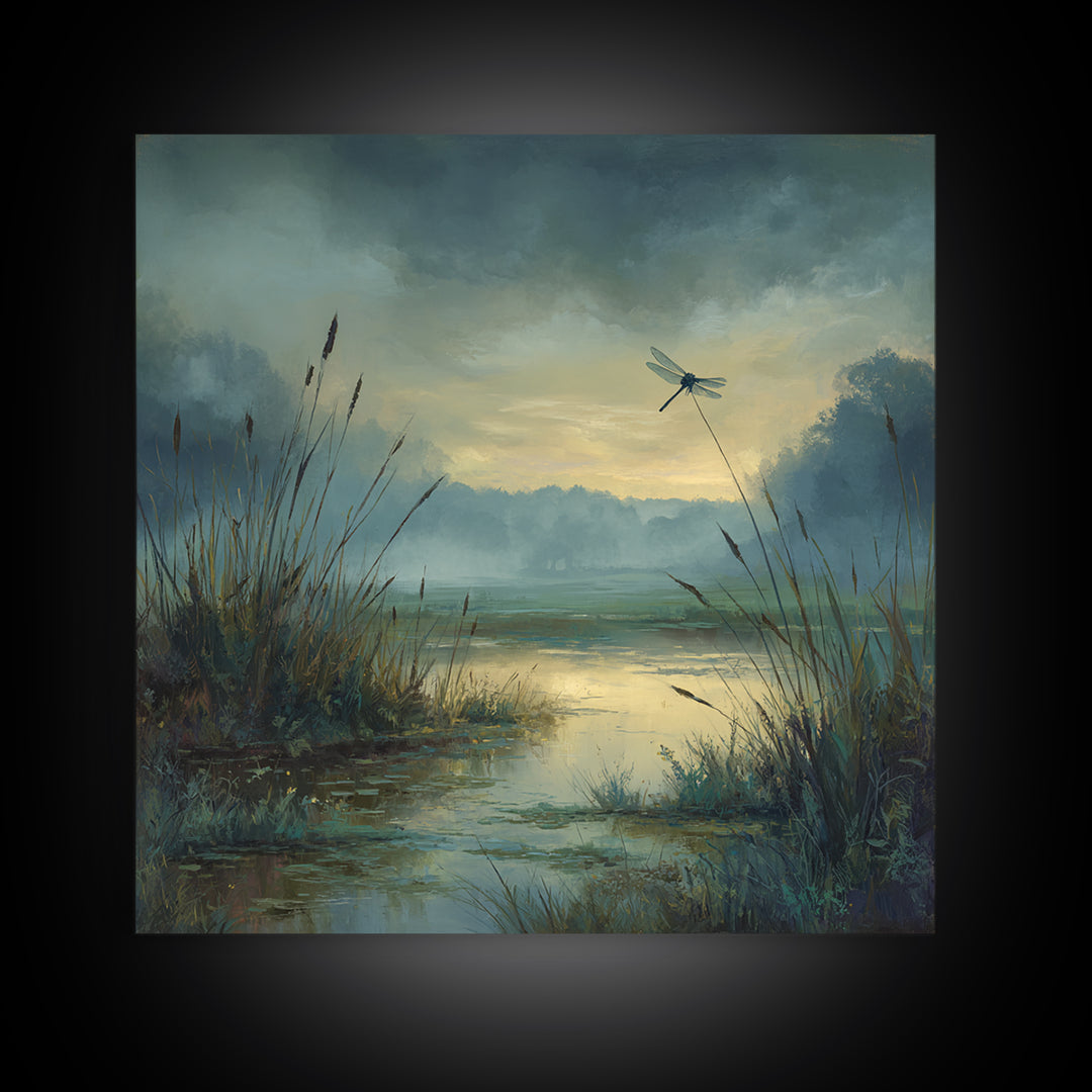 Dragonfly over a Pond with Reeds Framed Canvas Print, Nature Art, Moss Art, Living Room Decor, Abstract Art, Nature, NAT-1x1-42