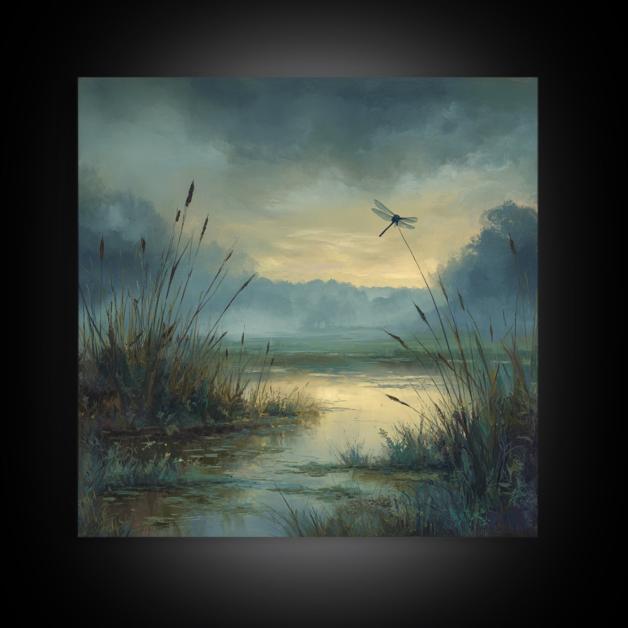 Dragonfly over a Pond with Reeds Framed Canvas Print, Nature Art, Moss Art, Living Room Decor, Abstract Art, Nature, NAT-1x1-42