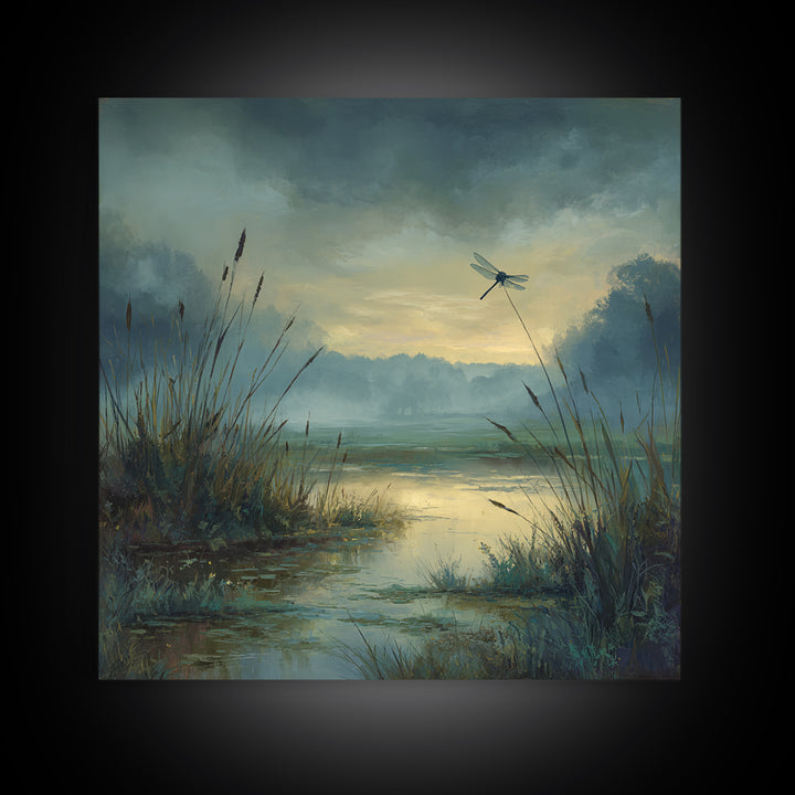 Dragonfly over a Pond with Reeds Framed Canvas Print, Nature Art, Moss Art, Living Room Decor, Abstract Art, Nature, NAT-1x1-42