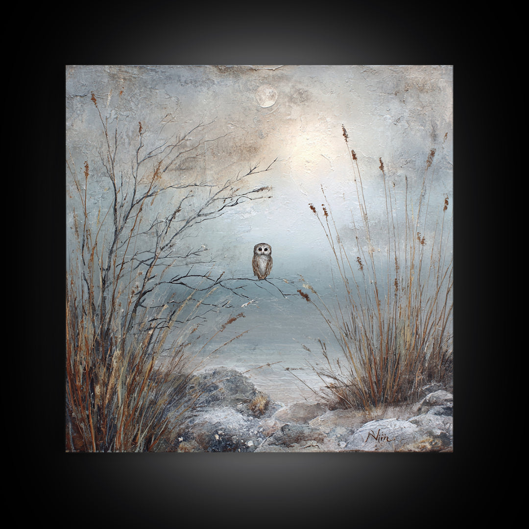 Owl in Moonlit Branches Framed Canvas Print, Nature Art, Living Room Wall Art, Living Room Decor, Nature, Neutral Decor, NAT-1x1-43
