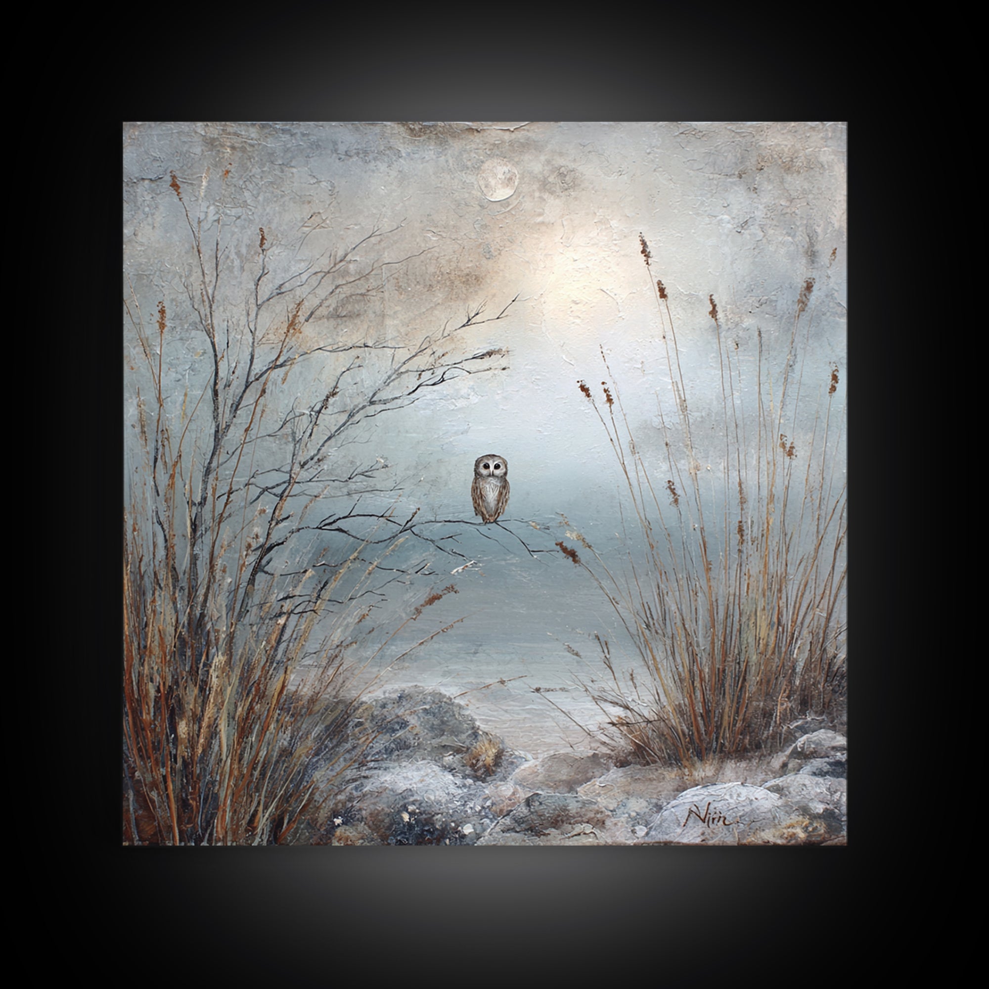 Owl in Moonlit Branches Framed Canvas Print, Nature Art, Living Room Wall Art, Living Room Decor, Nature, Neutral Decor, NAT-1x1-43