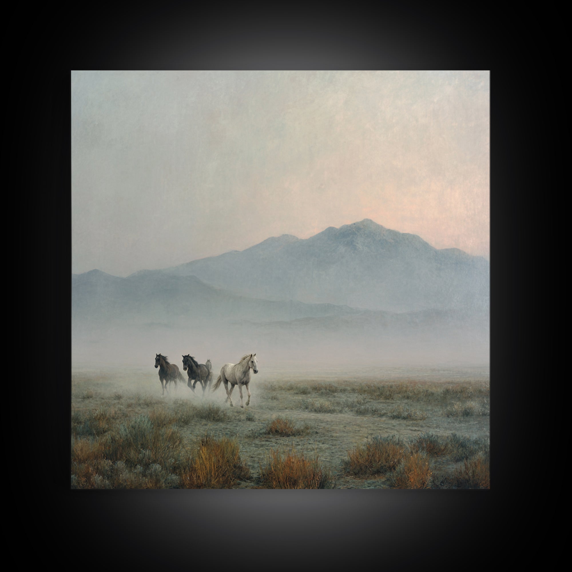 Wild Horses Running Near Mountain Ridge Framed Canvas Print, Nature Art, Landscape Art, Living Room Decor, Oil Painting, Nature, NAT-1x1-46