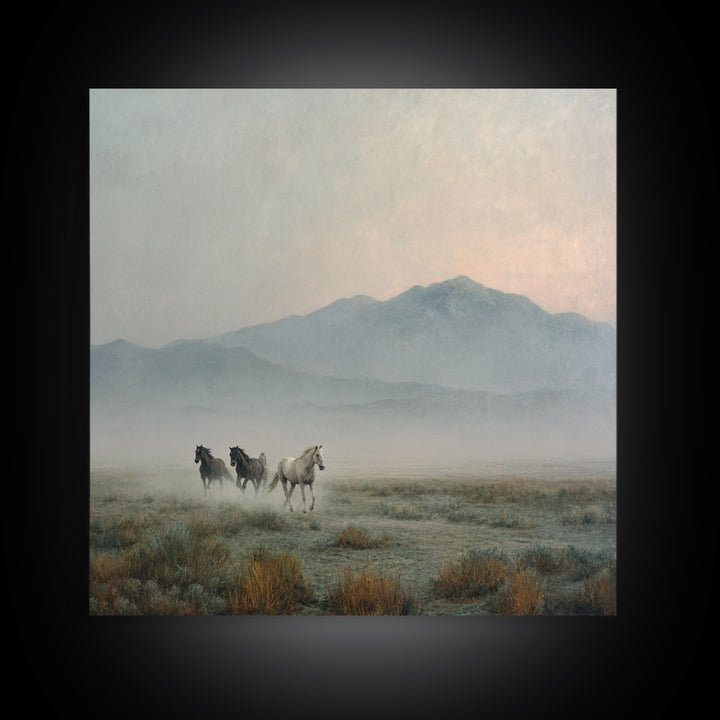 Wild Horses Running Near Mountain Ridge Framed Canvas Print, Nature Art, Landscape Art, Living Room Decor, Oil Painting, Nature, NAT-1x1-46