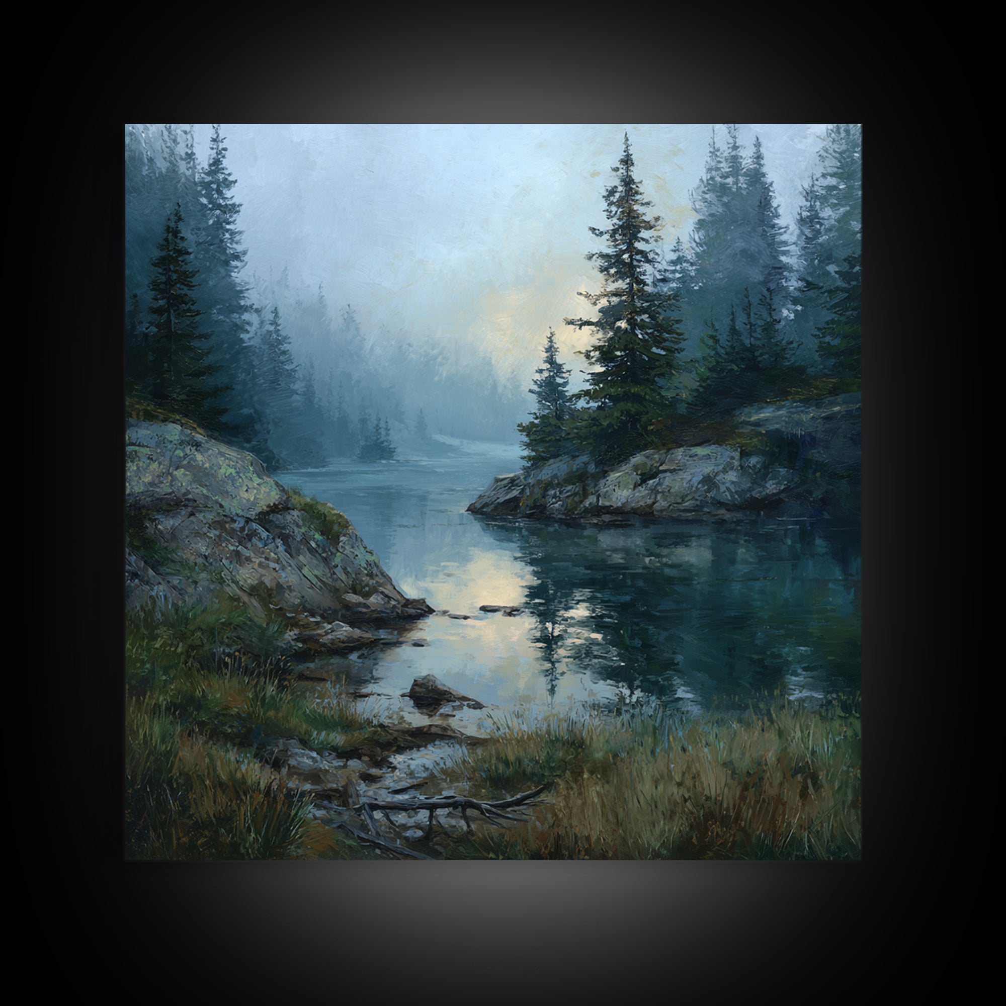 Misty Mountain Lake Canvas Print, Nature Art, Nature Wall Art, Living Room Decor, Fine Art, Nature, Textured Painting, NAT-1x1-5