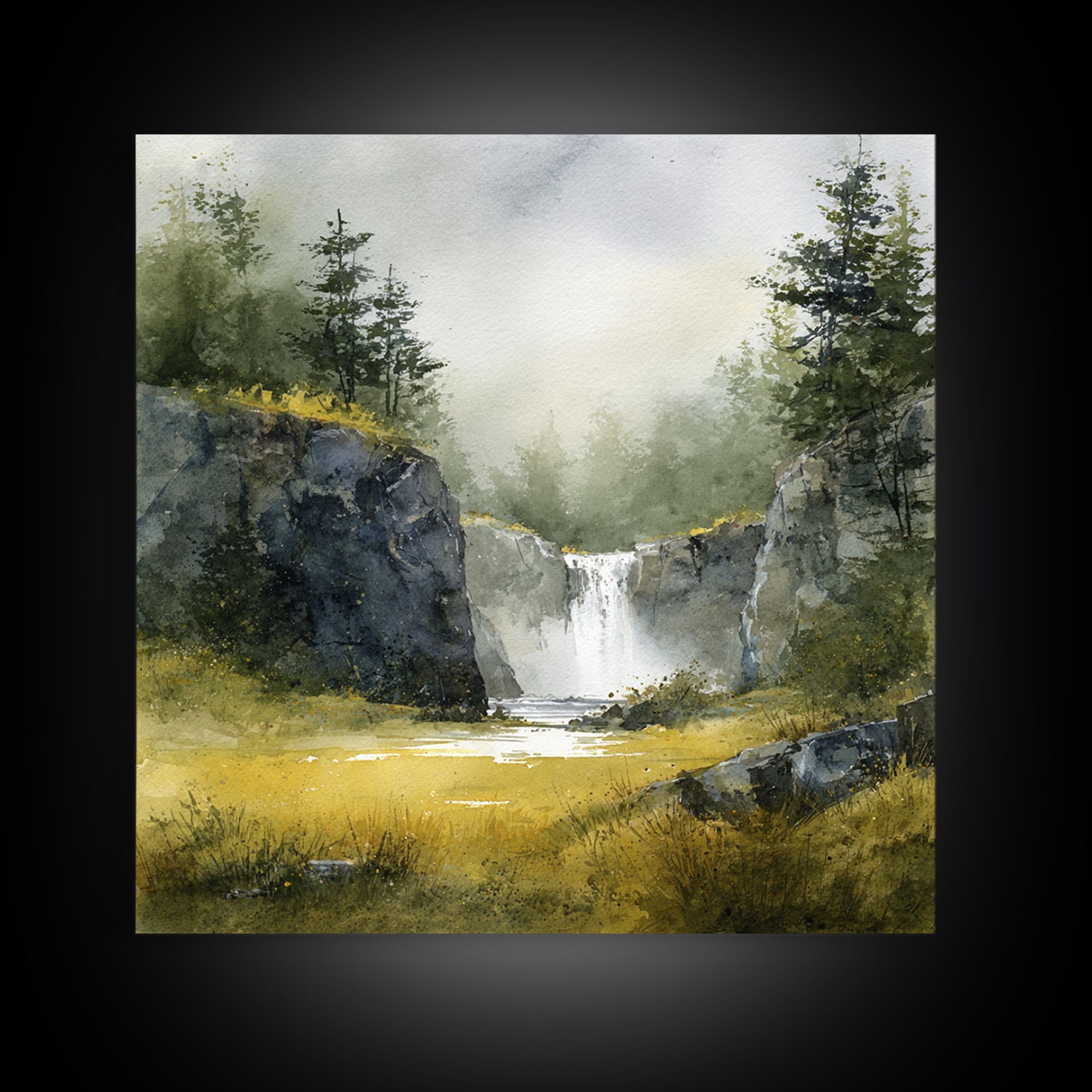 Waterfall Hidden Among Dark Green Rocks Framed Canvas Print, Nature Art, Bird Wall Art, Living Room Decor, Oil Painting, Nature, NAT-1x1-51