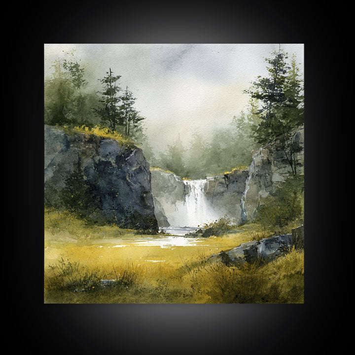 Waterfall Hidden Among Dark Green Rocks Framed Canvas Print, Nature Art, Bird Wall Art, Living Room Decor, Oil Painting, Nature, NAT-1x1-51
