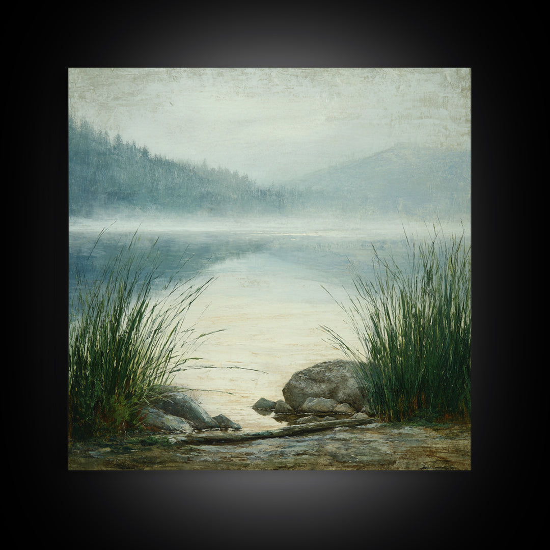 Misty Mountain Lake Framed Canvas Print, Nature Art, Fine Art Print, Living Room Decor, Watercolor Art, Nature, Poster, NAT-1x1-53