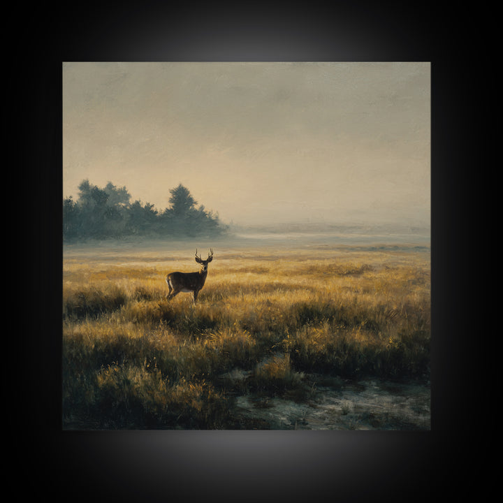 Deer Standing in a Golden Field Framed Canvas Print, Nature Art, Floral, Living Room Decor, Fine Art, Nature, Moss Art, NAT-1x1-56