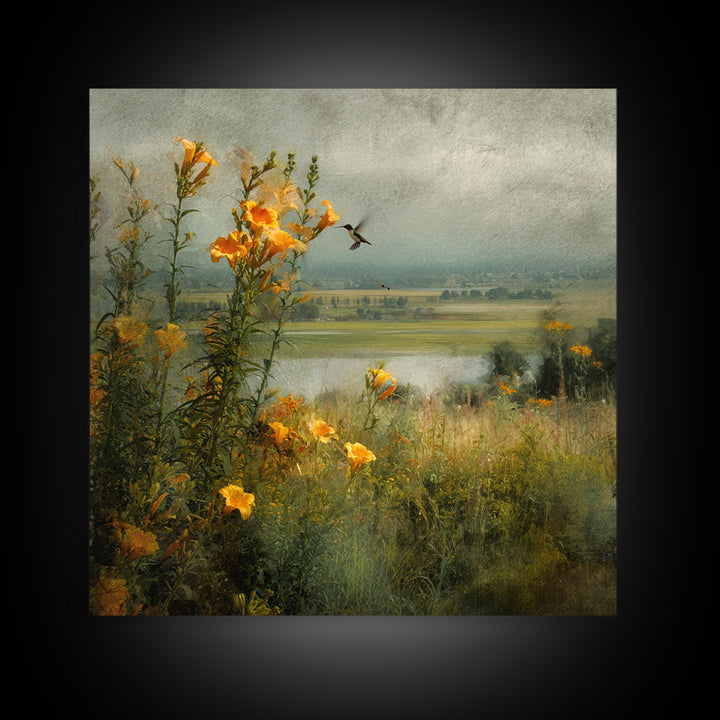 Hummingbird Beside Bright Trumpet Flowers Canvas Print, Nature Art, Stained Glass Art, Living Room Decor, Fine Art, Nature, NAT-1x1-60