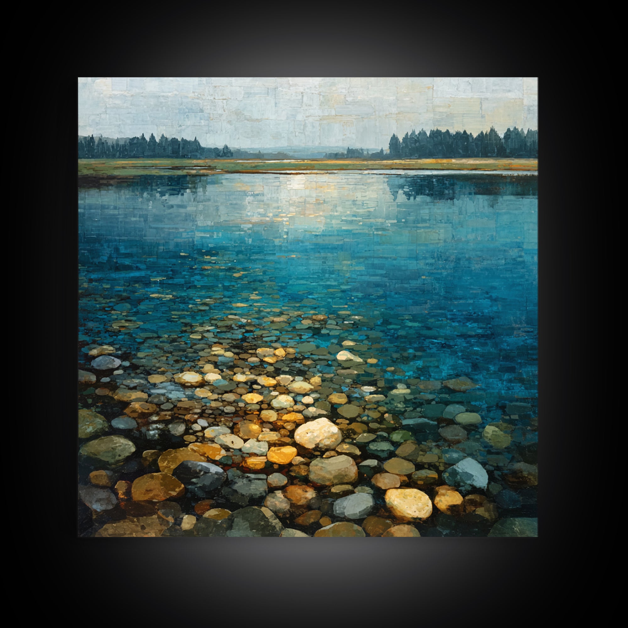 River Stones under Clear Shallow Water Framed Canvas Print, Nature Art, Mountain Art, Living Room Decor, Oil Painting, Nature, NAT-1x1-61