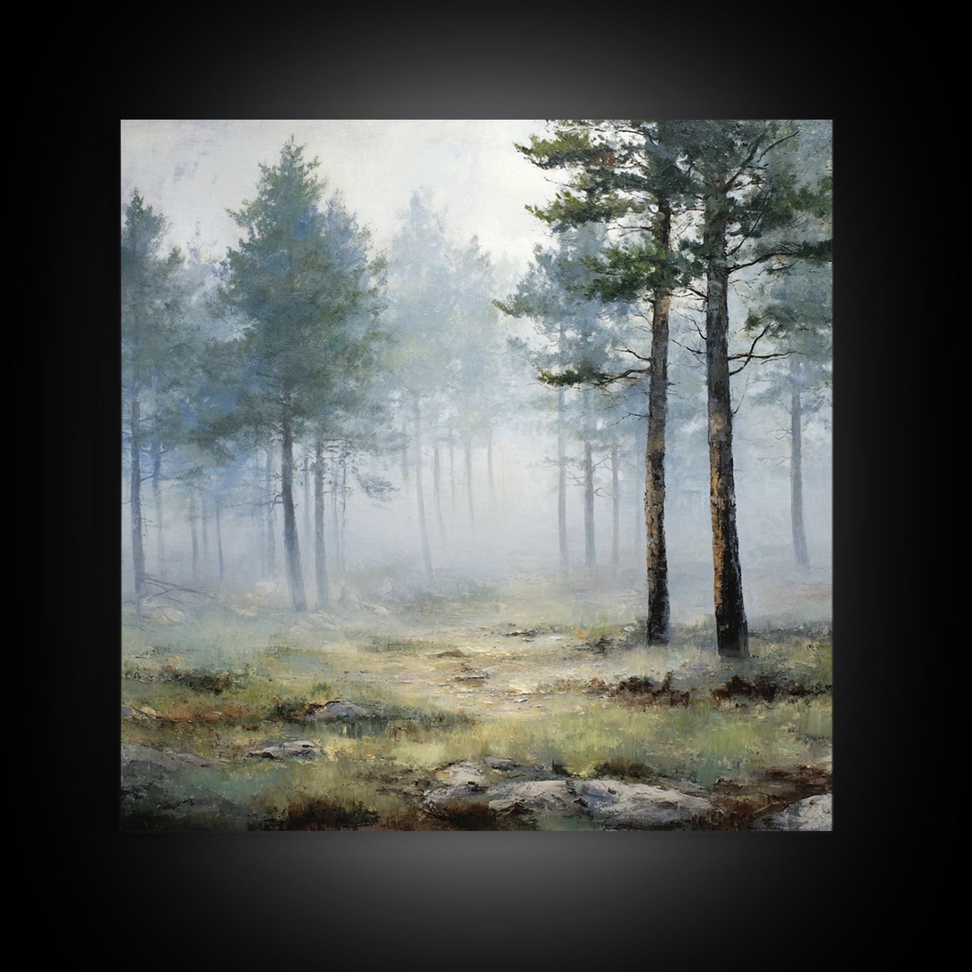 Moody Pine Forest Framed Canvas Print, Nature Art, Gallery Decor, Living Room Decor, Oil Painting, Nature, Contemporary Art, NAT-1x1-65