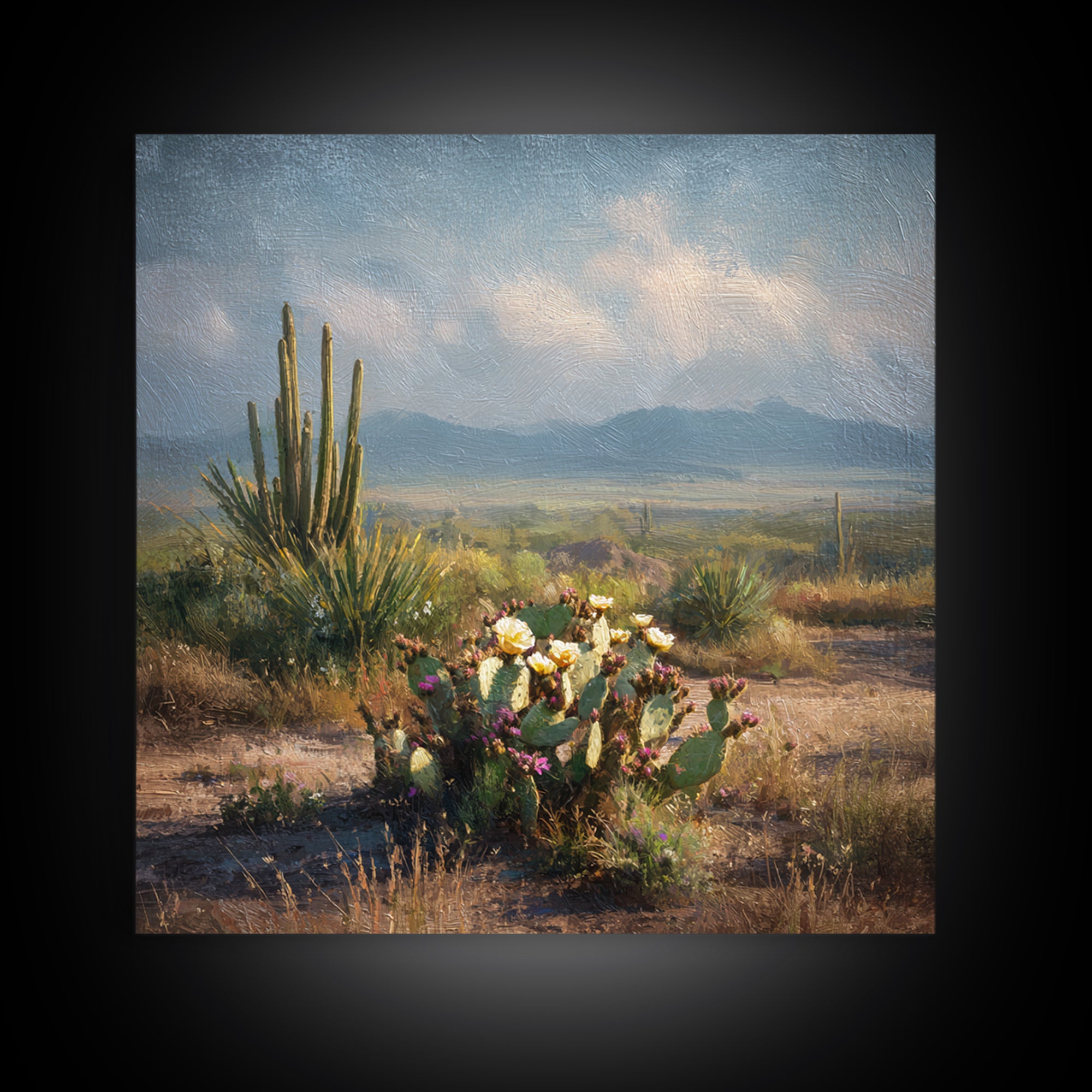 Desert Cactus Blooming After Rain Framed Canvas Print, Nature Art, Moss Art, Living Room Decor, Oil Painting, Nature, NAT-1x1-68