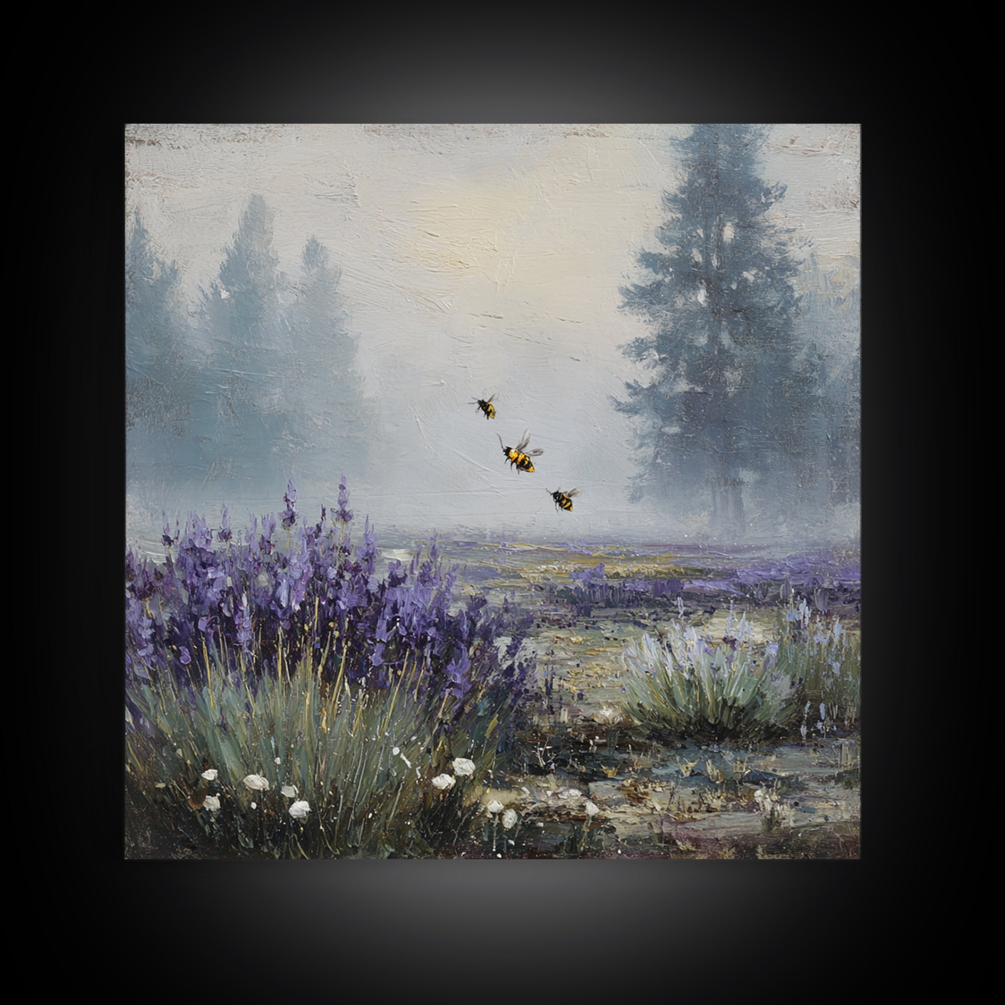 Bees Circling Lavender Blossoms Framed Canvas Print, Nature Art, Ocean Art, Living Room Decor, Fine Art, Nature, Art Print, NAT-1x1-71