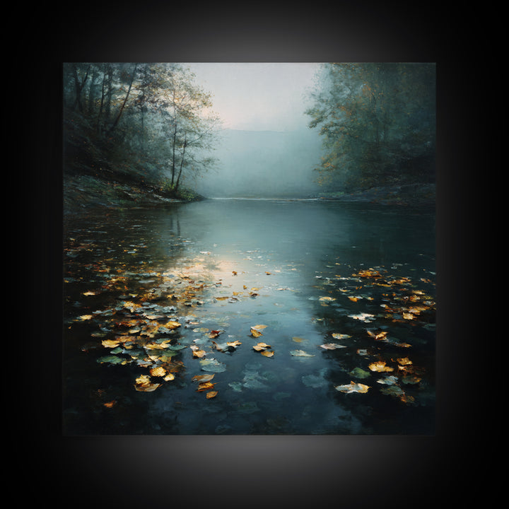 Autumn Leaves Floating on Quiet Stream Framed Canvas Print, Nature Art, Gallery Decor, Living Room Decor, Fine Art, Nature, NAT-1x1-78