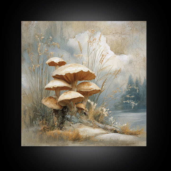 Mushroom Cluster in Enchanted Woodland Framed Canvas Print, Nature Art, Fine Art Print, Living Room Decor, Oil Painting, Nature, NAT-1x1-79