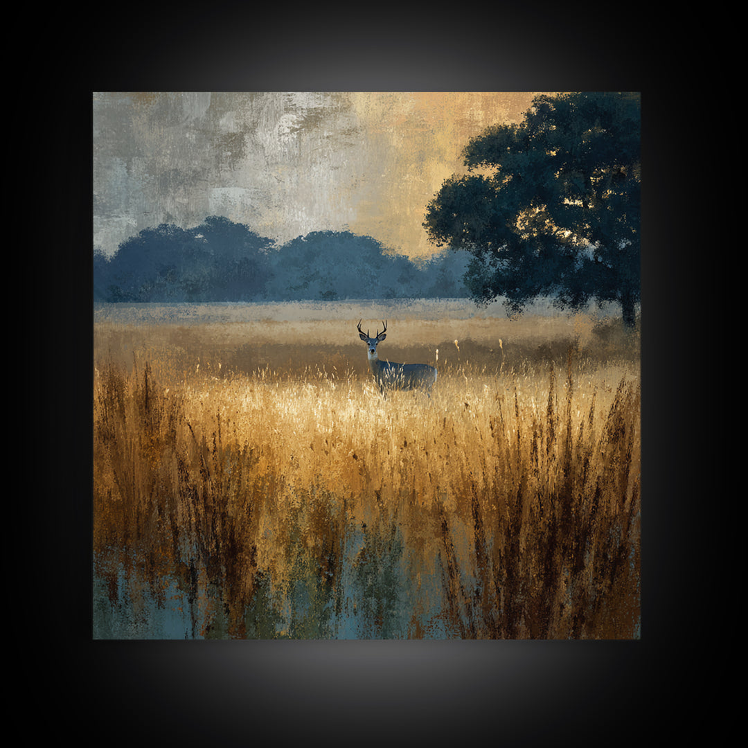 Deer Standing in a Golden Field Framed Canvas Print, Nature Art, Wall Hangings, Living Room Decor, Nature, Stained Glass Art, NAT-1x1-8