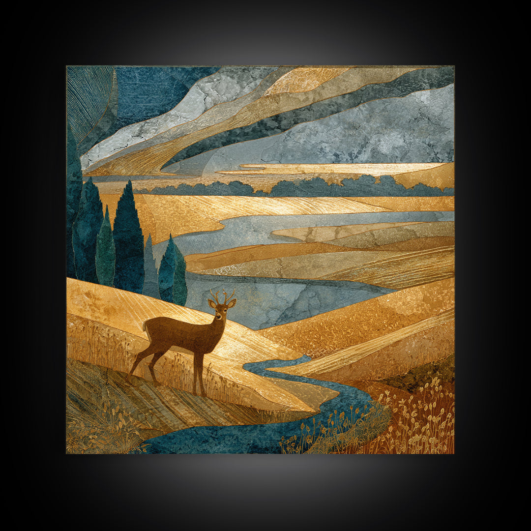 Deer Standing in a Golden Field Framed Canvas Print, Nature Art, Modern Decor, Living Room Decor, Fine Art, Nature, Home Decor, NAT-1x1-80