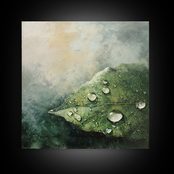 Rain Drops on a Large Green Leaf Canvas Print, Nature Art, Textured Painting, Living Room Decor, Oil Painting, Nature, NAT-1x1-81