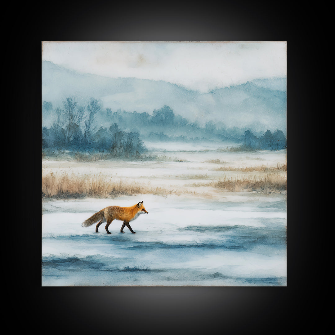 Fox Crossing a Snowy Forest Clearing Canvas Print, Nature Art, Neutral Decor, Living Room Decor, Fine Art, Nature, Wall Art, NAT-1x1-82