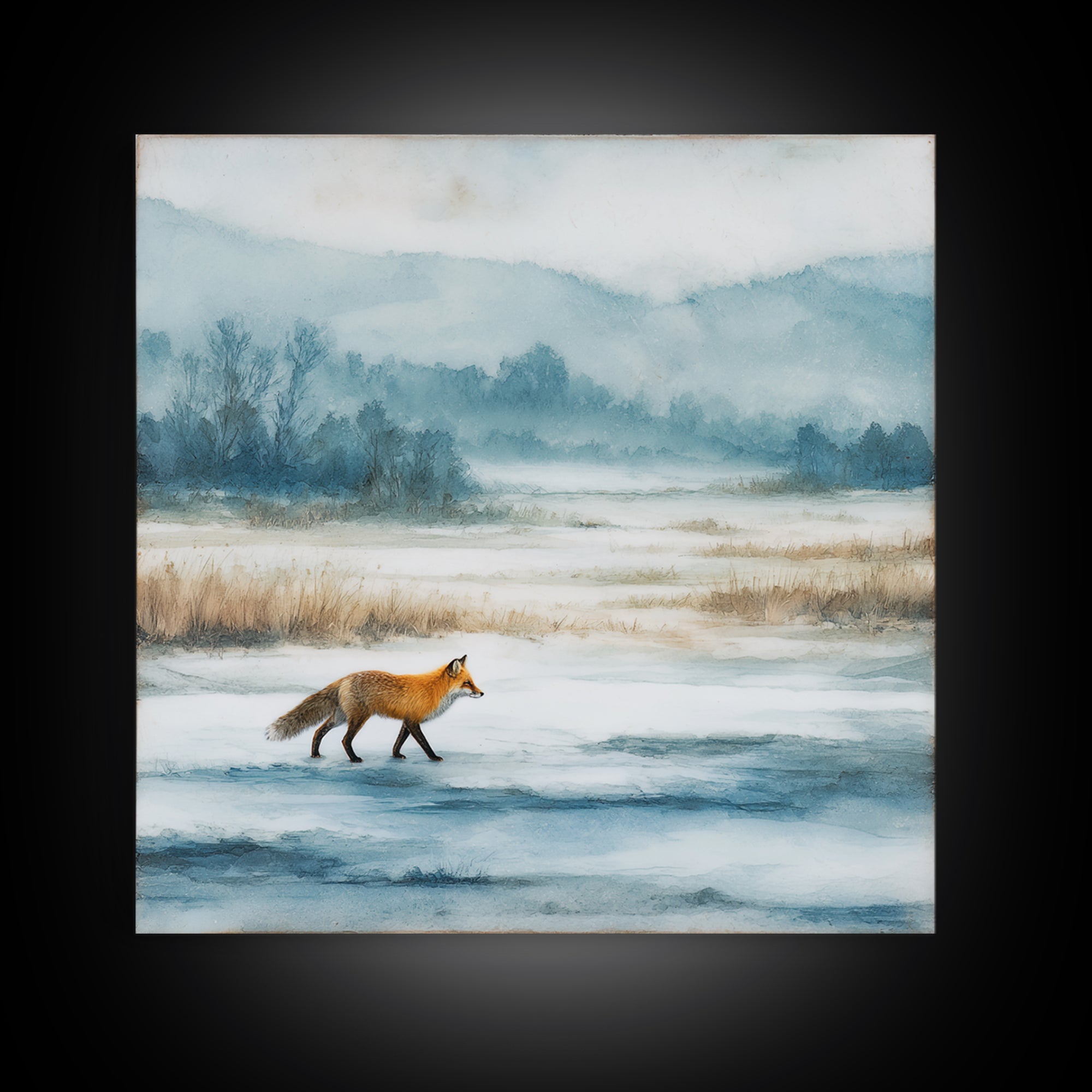 Fox Crossing a Snowy Forest Clearing Canvas Print, Nature Art, Neutral Decor, Living Room Decor, Fine Art, Nature, Wall Art, NAT-1x1-82