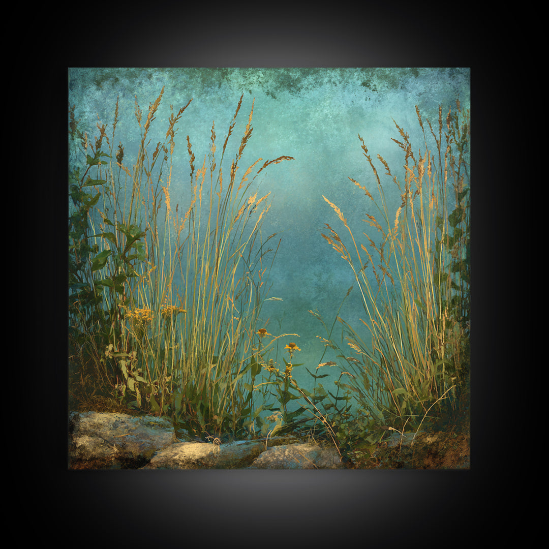 Sunrise Through Tall Grass and Wildflowers Framed Canvas Print, Nature Art, Statement Artwork, Living Room Decor, Oil Painting, NAT-1x1-83