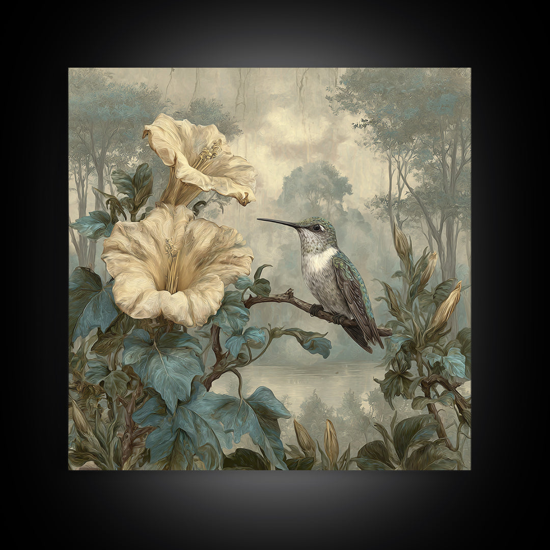 Hummingbird Beside Bright Trumpet Flowers Framed Canvas Print, Nature Art, Ocean Art, Living Room Decor, Fine Art, Nature, NAT-1x1-84