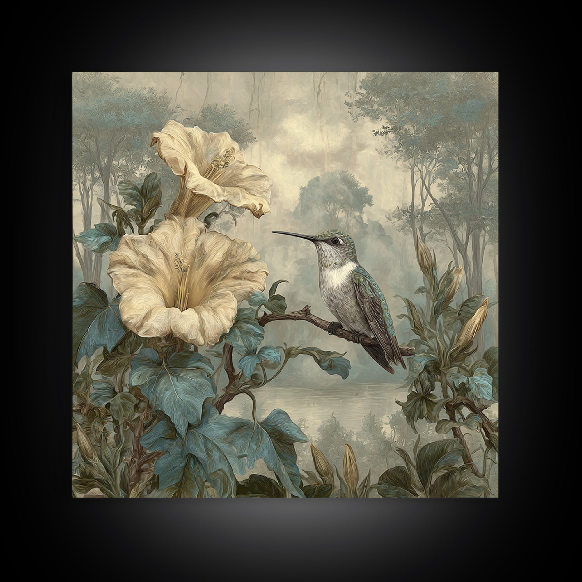Hummingbird Beside Bright Trumpet Flowers Framed Canvas Print, Nature Art, Ocean Art, Living Room Decor, Fine Art, Nature, NAT-1x1-84