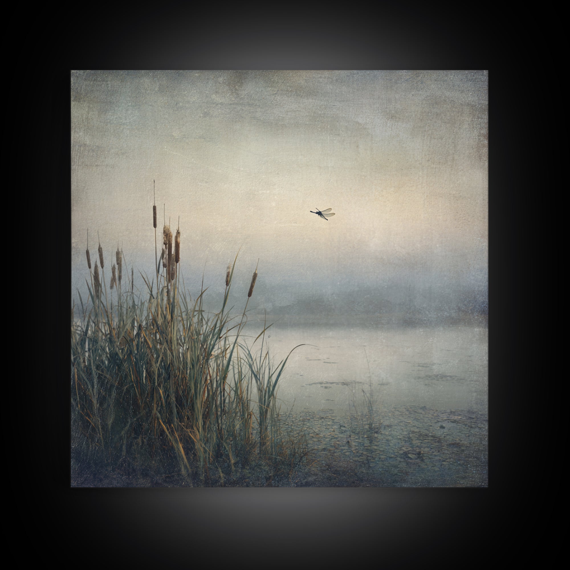 Dragonfly over a Pond with Reeds Canvas Print, Nature Art, Nature Wall Art, Living Room Decor, Fine Art, Nature, NAT-1x1-90