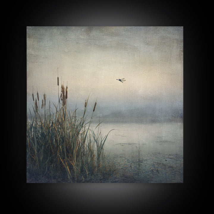 Dragonfly over a Pond with Reeds Canvas Print, Nature Art, Nature Wall Art, Living Room Decor, Fine Art, Nature, NAT-1x1-90