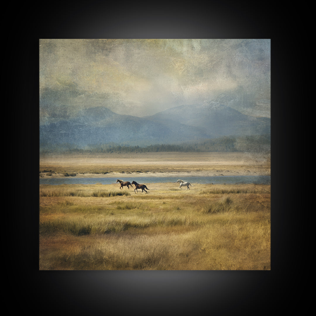 Wild Horses Running Near Mountain Ridge Canvas Print, Nature Art, Landscape Print, Living Room Decor, Fine Art, Nature, NAT-1x1-94