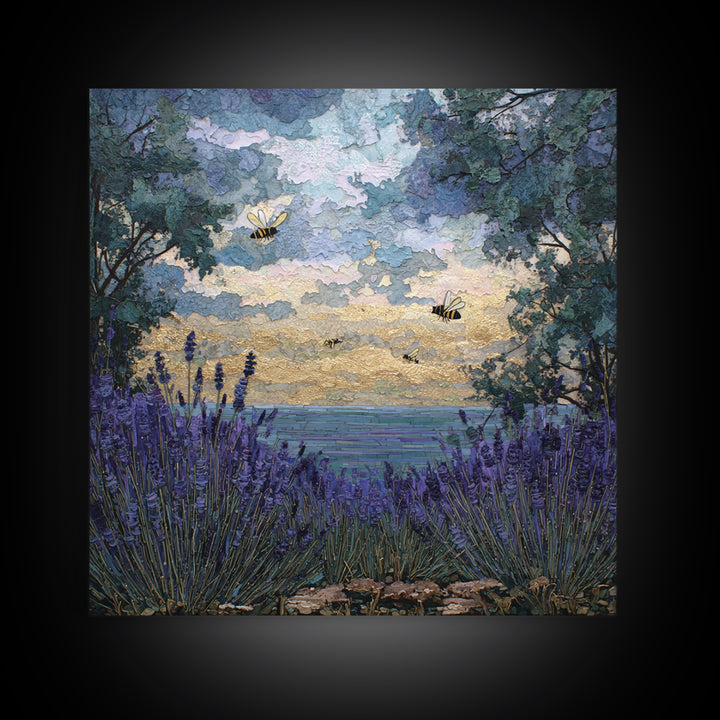 Bees Circling Lavender Blossoms Canvas Print, Nature Art, Neutral Decor, Living Room Decor, Fine Art, Nature, Wall Art, NAT-1x1-95