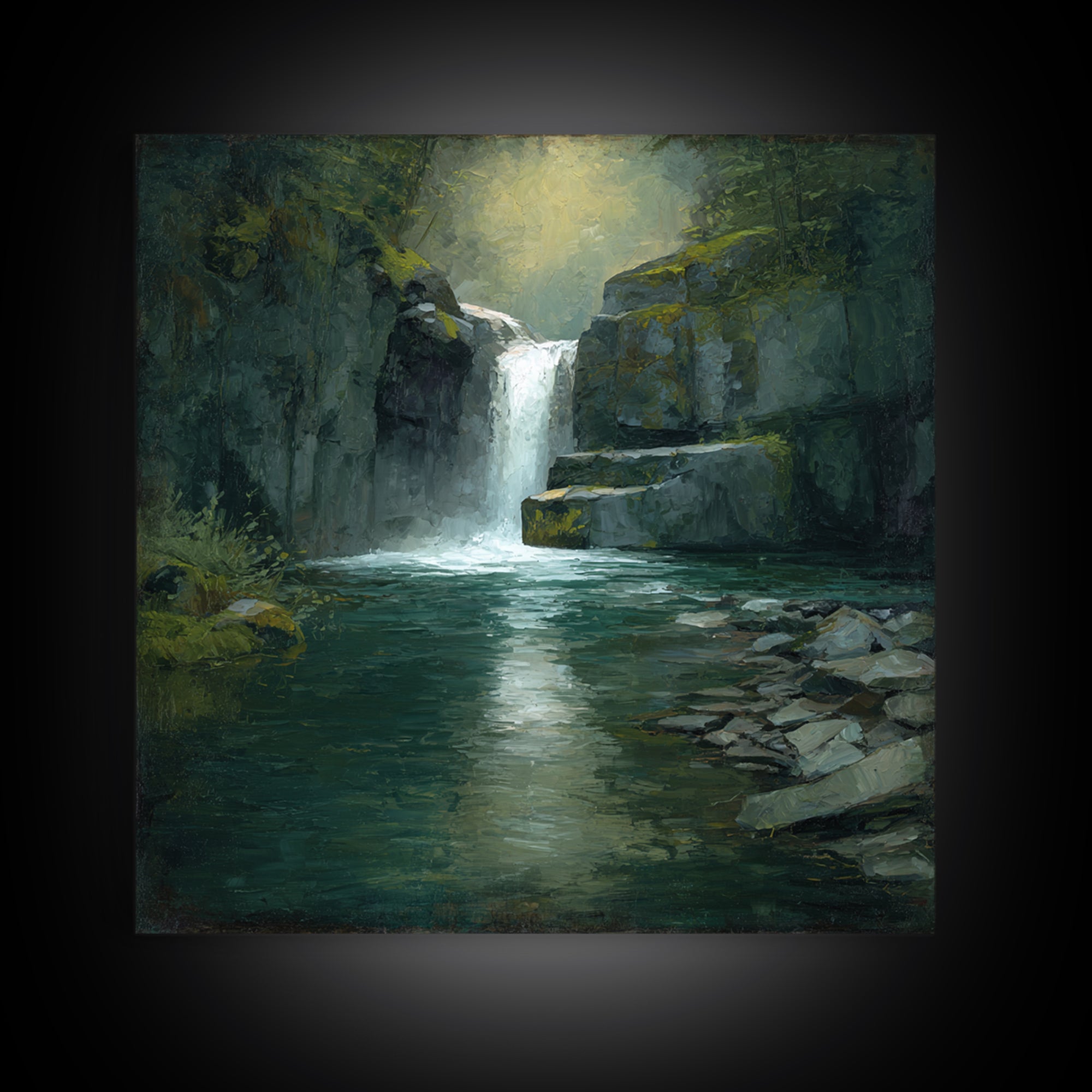 Waterfall Hidden Among Dark Green Rocks Canvas Print, Nature Art, Wall Art, Living Room Decor, Fine Art, Nature, Wood Wall Art, NAT-1x1-99
