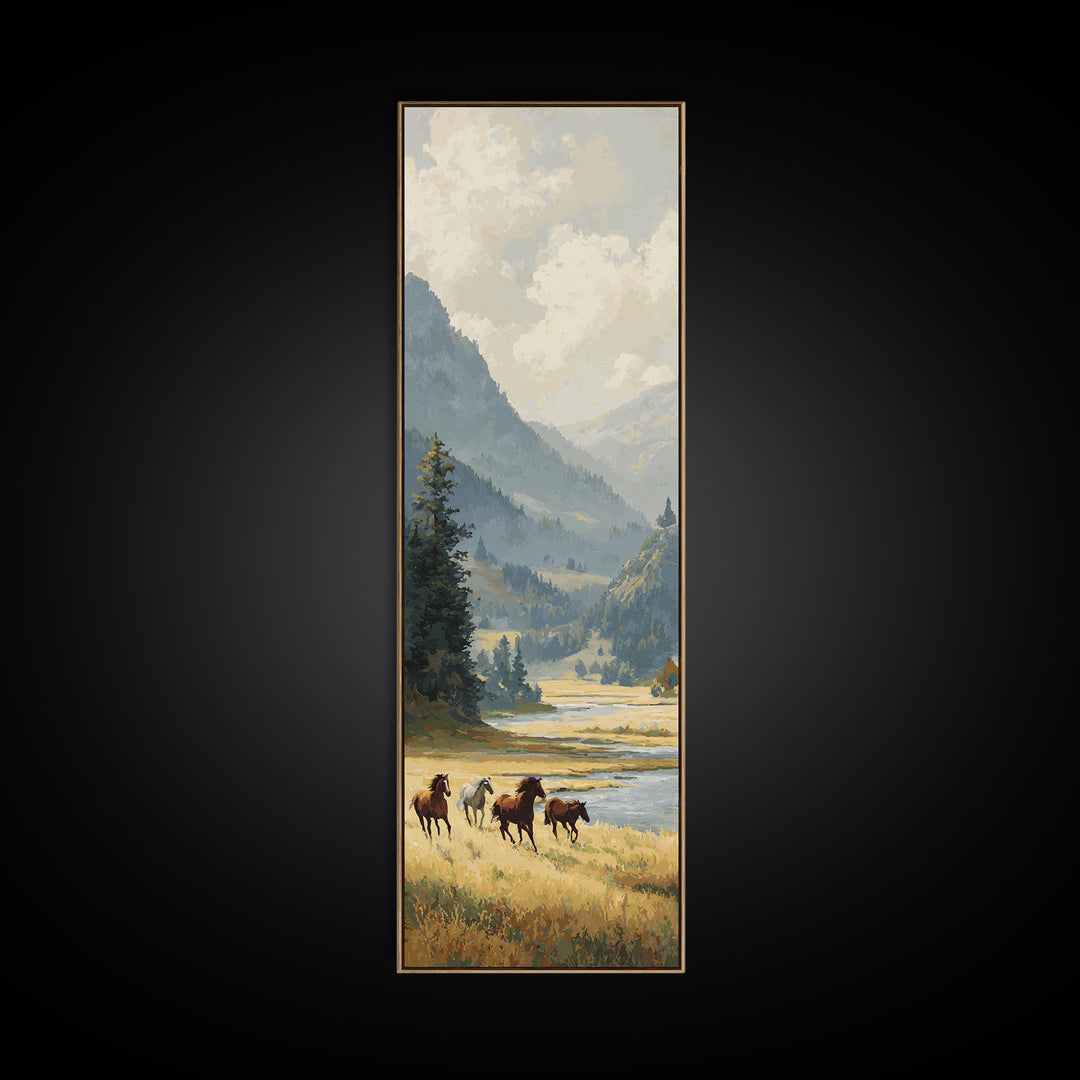 Wild Horses Running Near Mountain Ridge Canvas Print, Nature Art, Living Room Wall Art, Living Room Decor, Fine Art, Nature, NAT-1x3-10