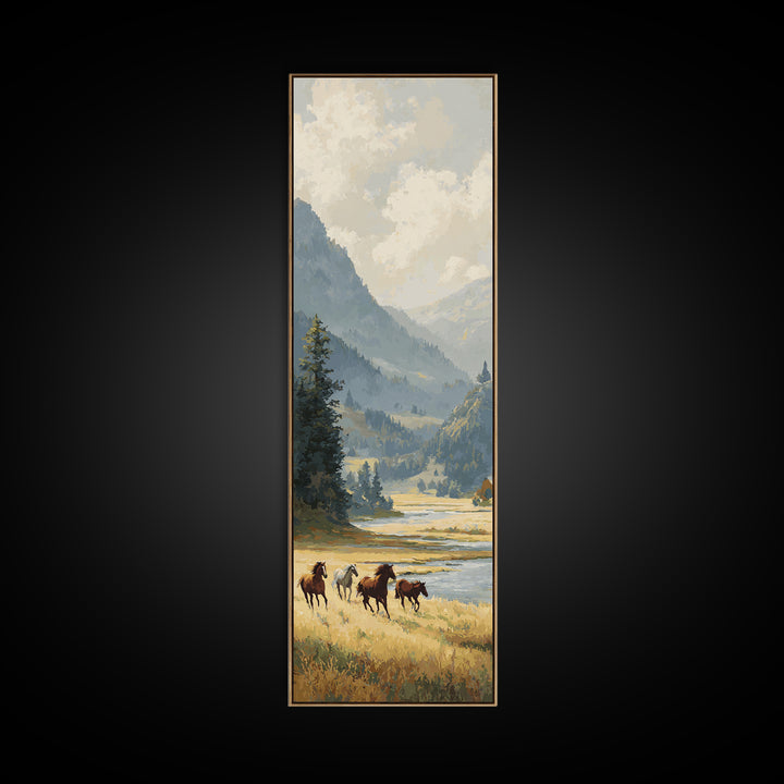 Wild Horses Running Near Mountain Ridge Canvas Print, Nature Art, Living Room Wall Art, Living Room Decor, Fine Art, Nature, NAT-1x3-10