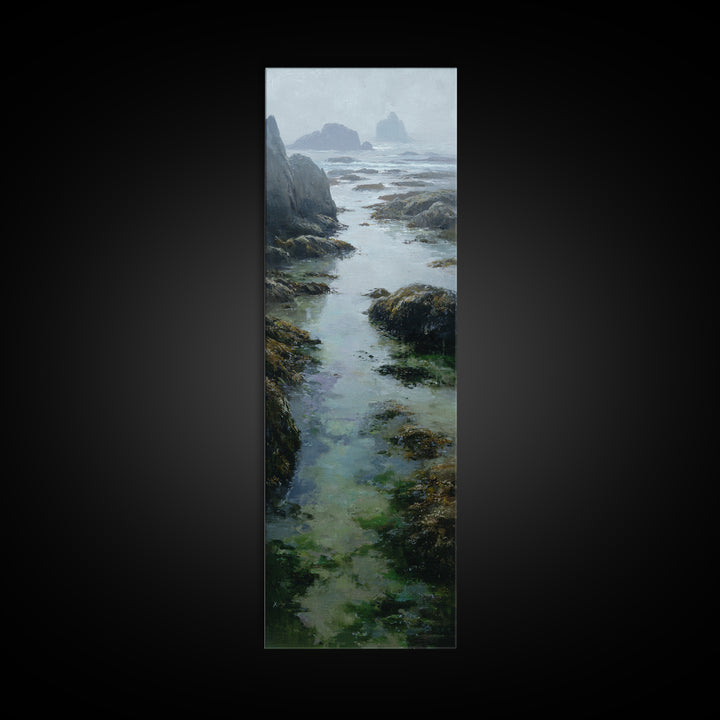 Calm Beach Tide Pooling Around Rocks Canvas Print, Nature Art, Boho Decor, Living Room Decor, Oil Painting, Nature, Wall Decor, NAT-1x3-12