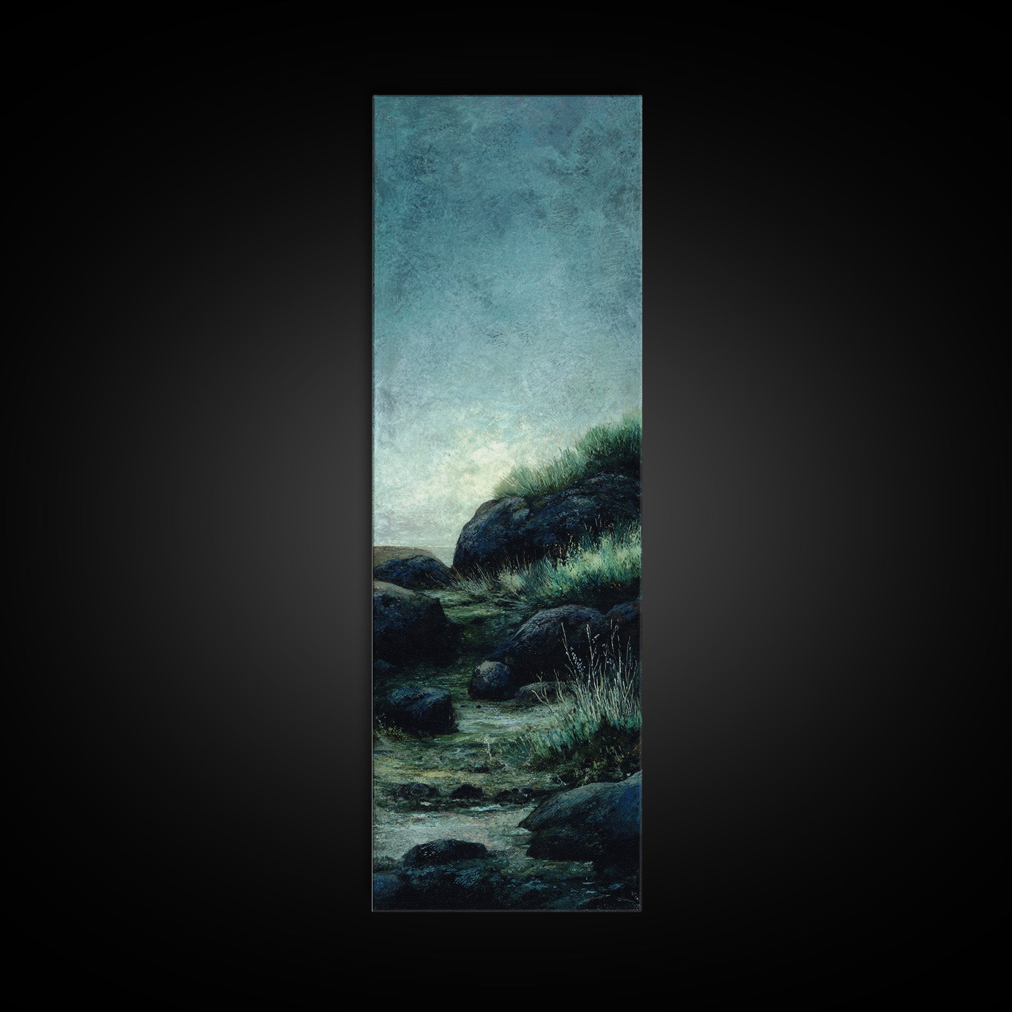 Waterfall Hidden Among Dark Green Rocks Framed Canvas Print, Nature Art, Home Decor, Living Room Decor, Abstract Art, Nature, NAT-1x3-15