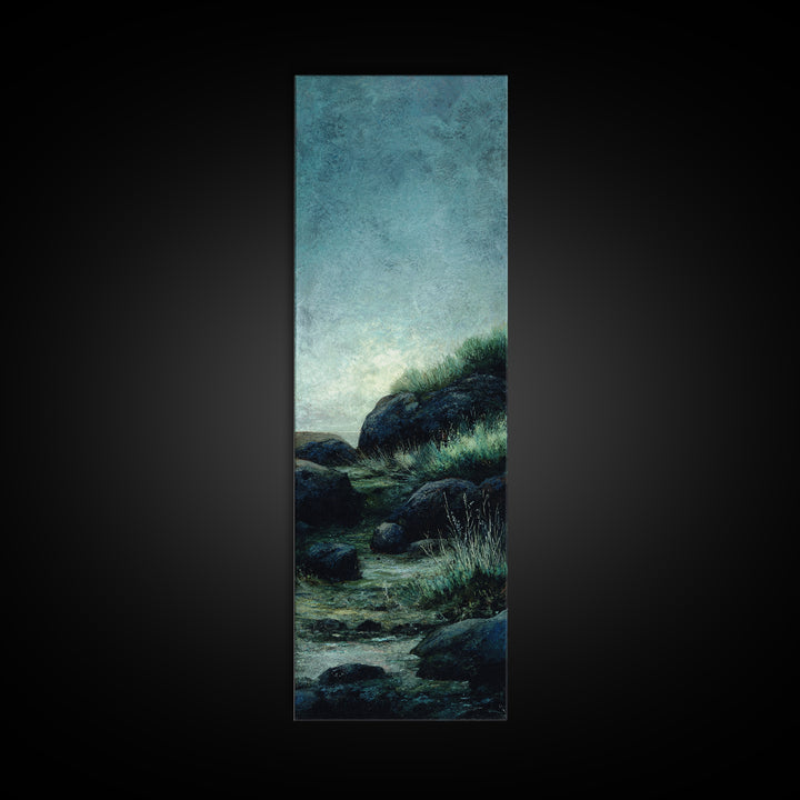 Waterfall Hidden Among Dark Green Rocks Framed Canvas Print, Nature Art, Home Decor, Living Room Decor, Abstract Art, Nature, NAT-1x3-15