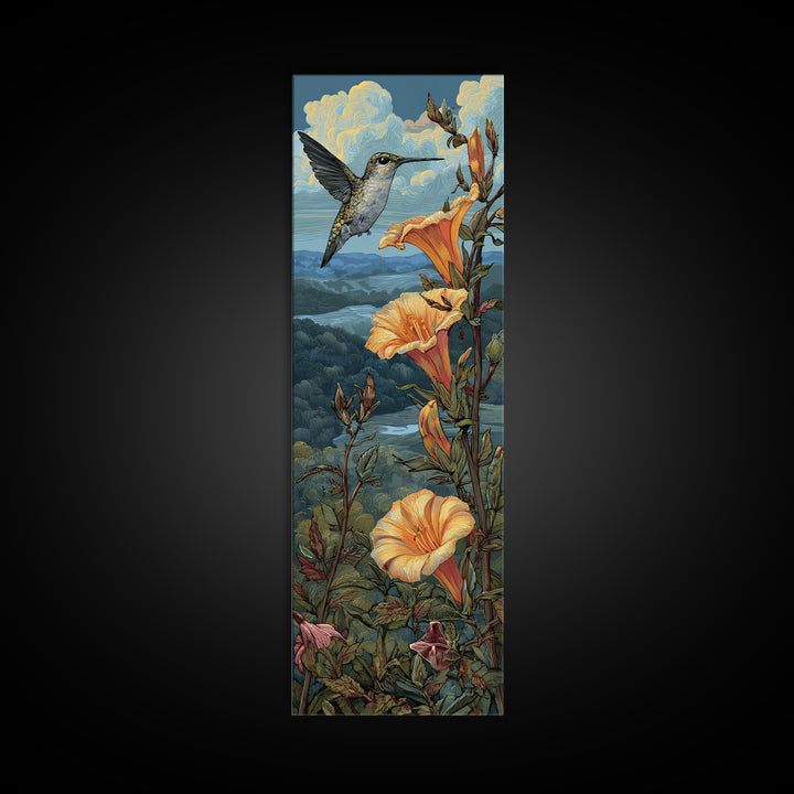 Hummingbird Beside Bright Trumpet Flowers Framed Canvas Print, Nature Art, Art Print, Living Room Decor, Oil Painting, Nature, NAT-1x3-24