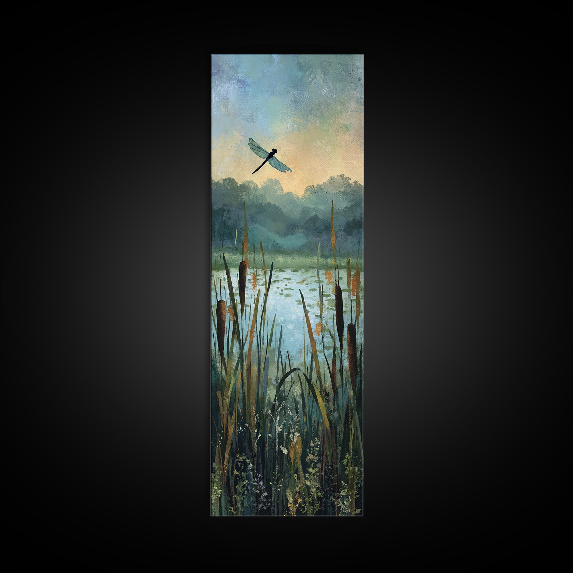 Dragonfly over a Pond with Reeds Framed Canvas Print, Nature Art, Botanical Art, Living Room Decor, Oil Painting, Nature, NAT-1x3-30