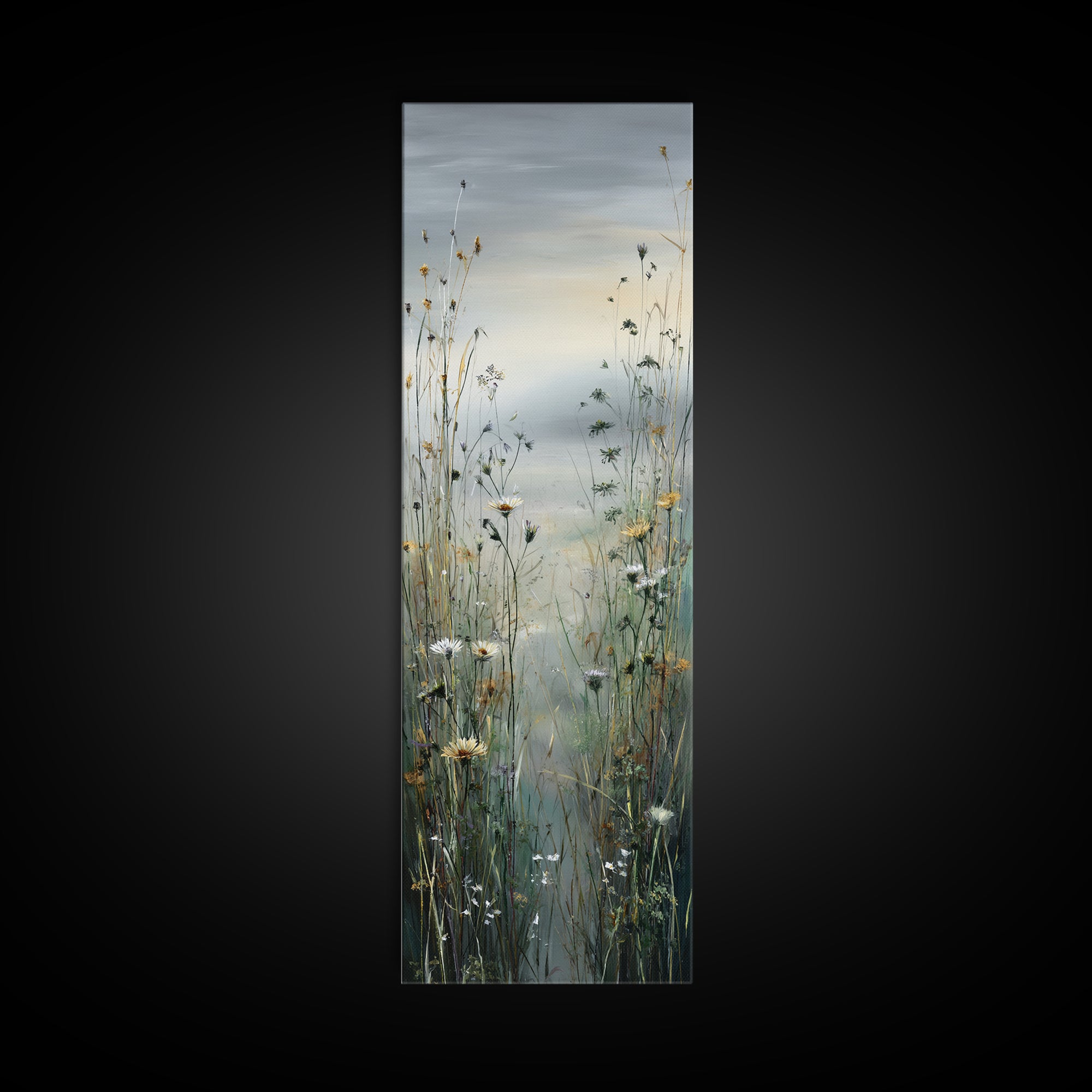 Sunrise Through Tall Grass and Wildflowers Framed Canvas Print, Nature Art, Living Room Decor, Watercolor Art, Nature, NAT-1x3-47