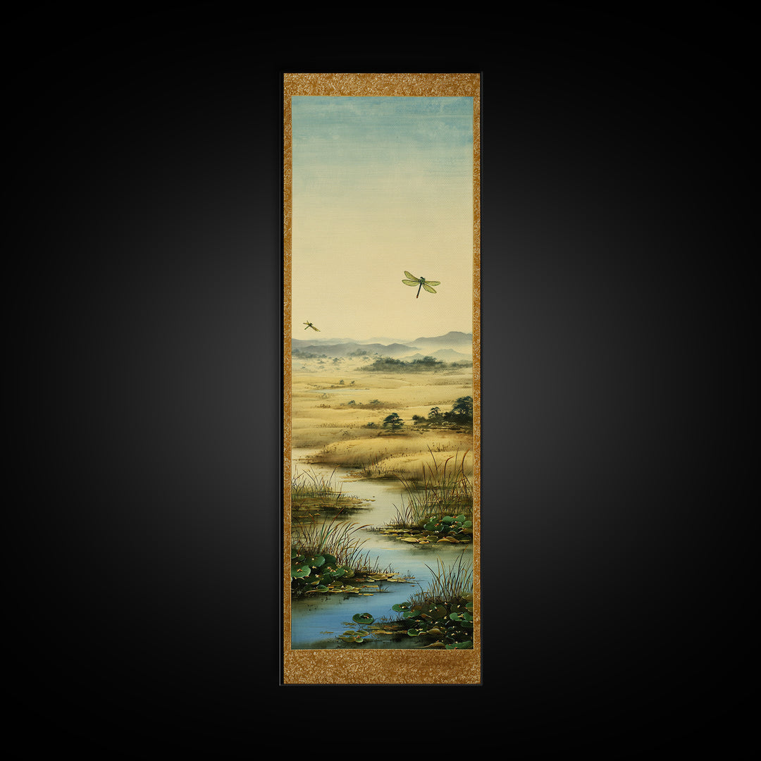 Dragonfly over a Pond with Reeds Framed Canvas Print, Nature Art, Botanical Art, Living Room Decor, Oil Painting, Nature, NAT-1x3-54