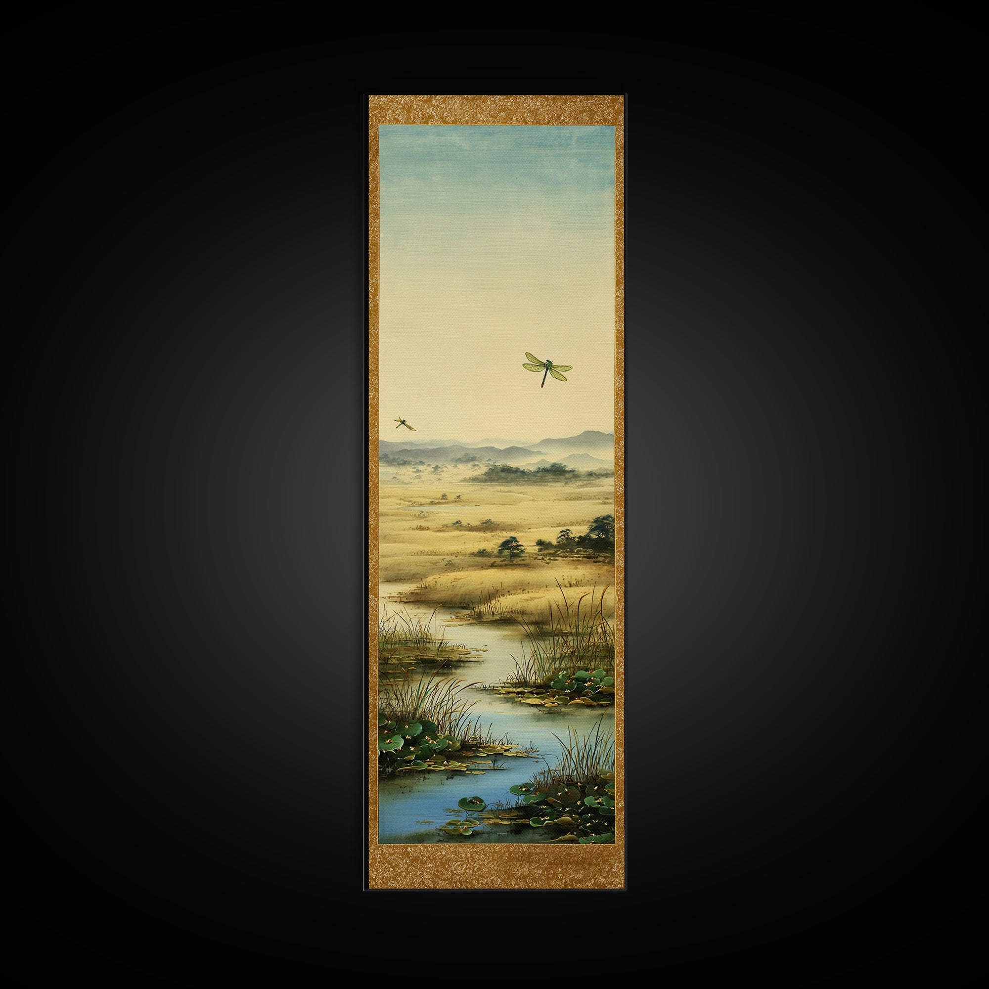 Dragonfly over a Pond with Reeds Framed Canvas Print, Nature Art, Botanical Art, Living Room Decor, Oil Painting, Nature, NAT-1x3-54